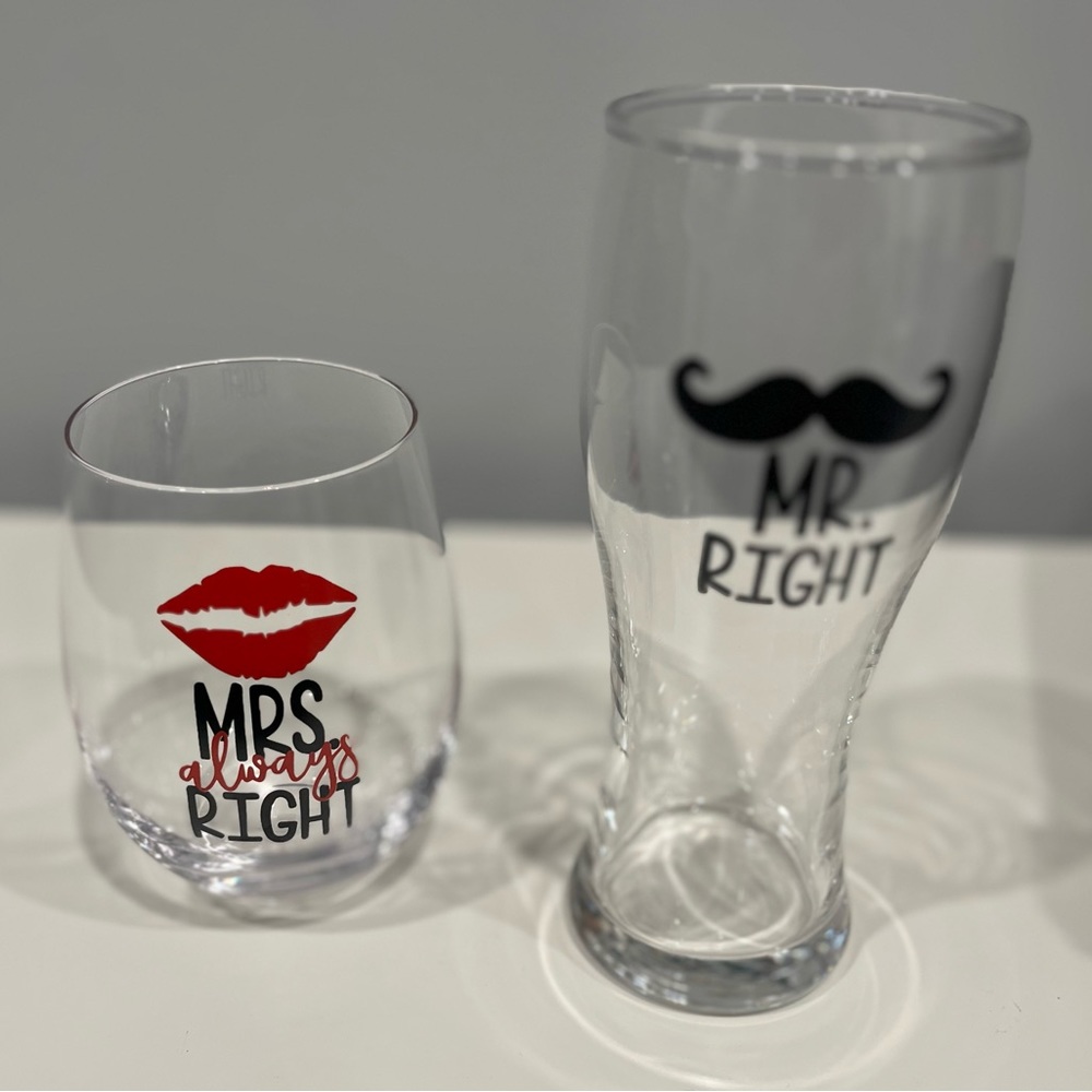 Wedding giftware set glass set with corkscrew Mr & Mrs Right (new in box)